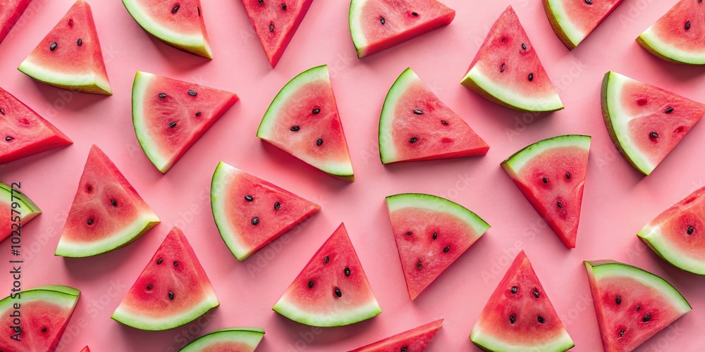 A vibrant symphony of red watermelon slices arranged in a captivating geometric pattern, set against a pastel pink backdrop, showcasing the juicy, refreshing essence of summer. A vibrant symphony of red watermelon slices arranged in a captivating geometric pattern, set against a pastel pink backdrop, showcasing the juicy, refreshing essence of summer.