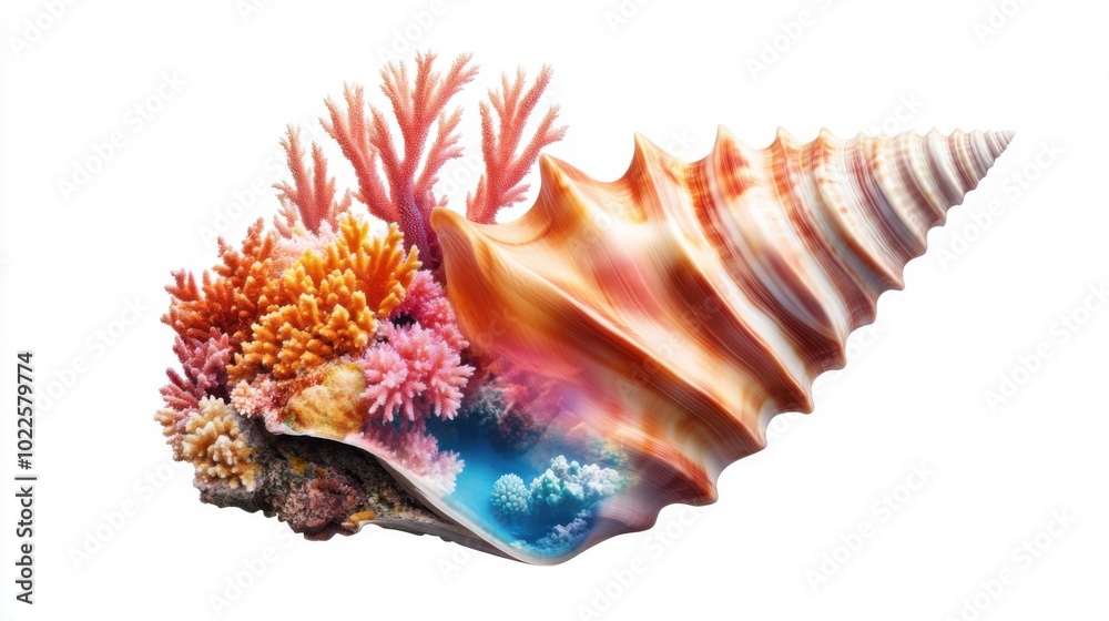 Fototapeta premium Colorful shell with vibrant corals, white background. Double Exposure, Beach and Summer.