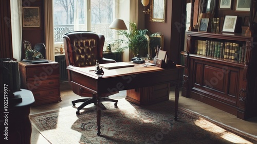 A home office in a vintage style, with a writing desk, leather chair, and vintage decor, evoking a classic atmosphere.