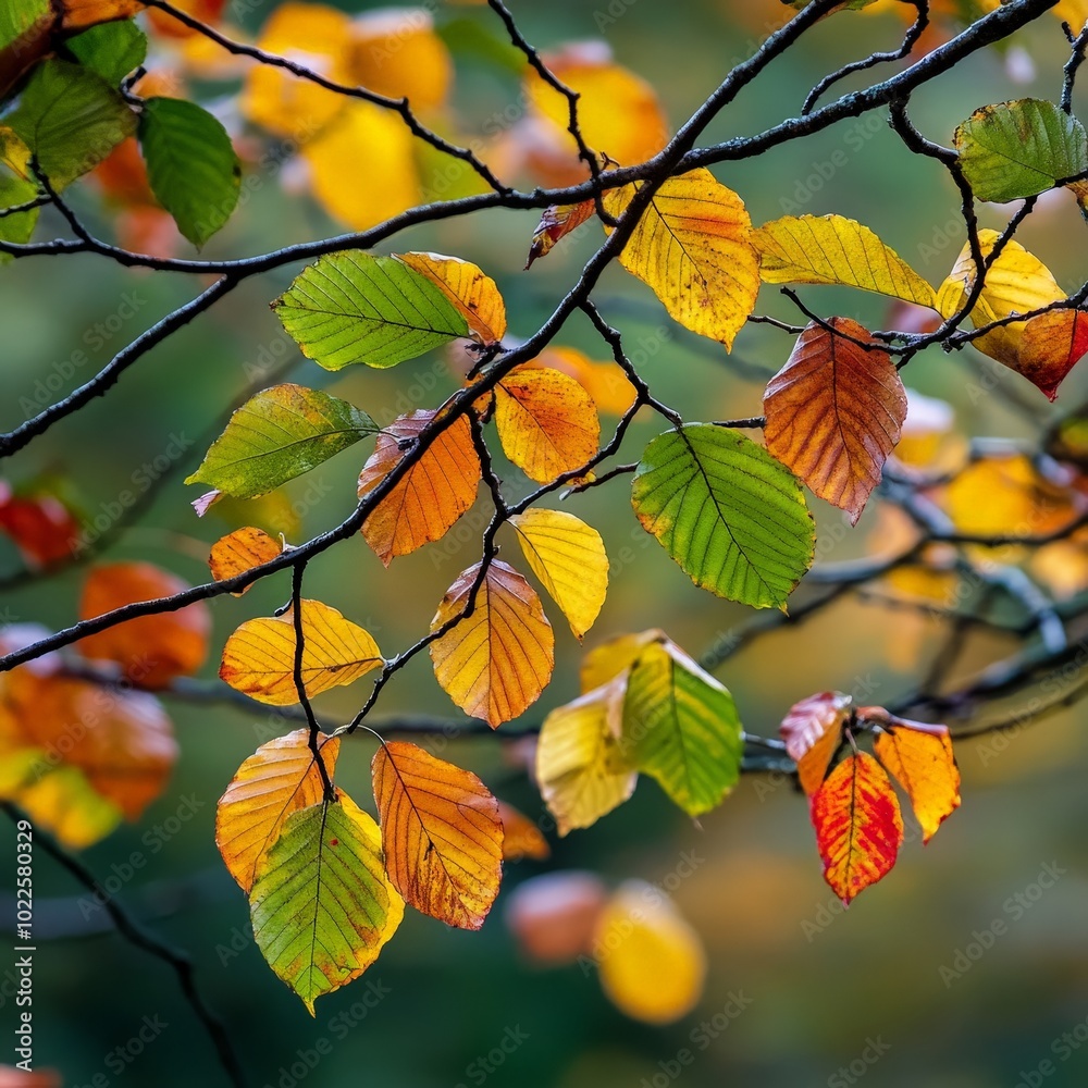 A close-up of a deciduous branches, showing the transformation from green to vibrant autumn colors A close-up of a deciduous branches, showing the transformation from green to vibrant autumn colors