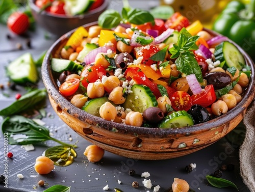 Mediterranean-style bean salad in a rustic bowl, featuring chickpeas, black olives, red onions, cucumbers, bell peppers, cherry tomatoes, crumbled feta, and herbs, dressed with olive oil and lemon
 photo