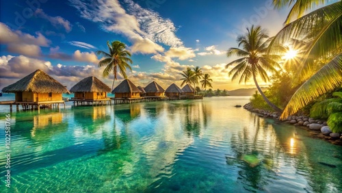 A row of serene overwater bungalows, nestled amongst lush palm trees, are bathed in the golden glow of a setting sun, reflecting the tranquility of the azure lagoon.