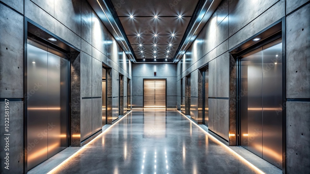 Fototapeta premium A minimalist hallway with multiple sets of steel elevator doors illuminated by recessed lighting, creating a sleek and modern atmosphere.