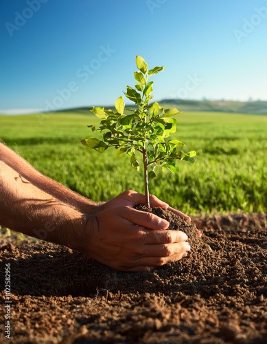 Unas manos jóvenes y cuidadosas plantando un pequeño árbol en tierra fértil, con un fondo de un campo verde y el cielo azul claro; reforestación y cuidado del medio ambiente.