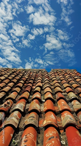 Red Tile Roof Against Blue Sky with Clouds