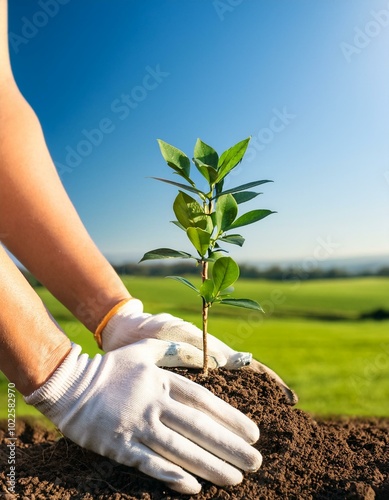 Unas manos jóvenes y cuidadosas plantando un pequeño árbol en tierra fértil, con un fondo de un campo verde y el cielo azul claro; reforestación y cuidado del medio ambiente.