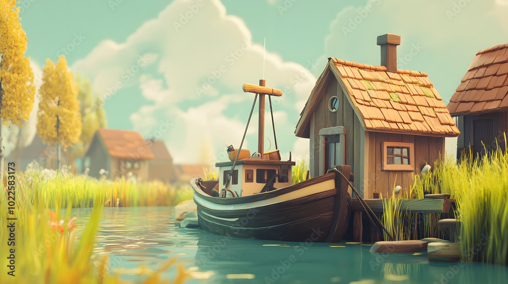 Obraz premium Fishermans Boat on the Village River Cartoon