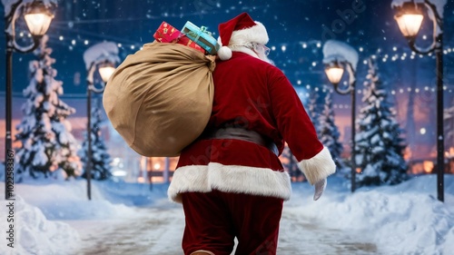 Santa Claus walking away from viewer in snowy forest while carrying gifts