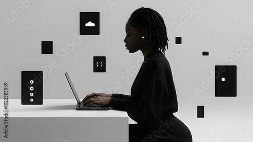 Black female working on a laptop in a minimalist, digital-themed environment.