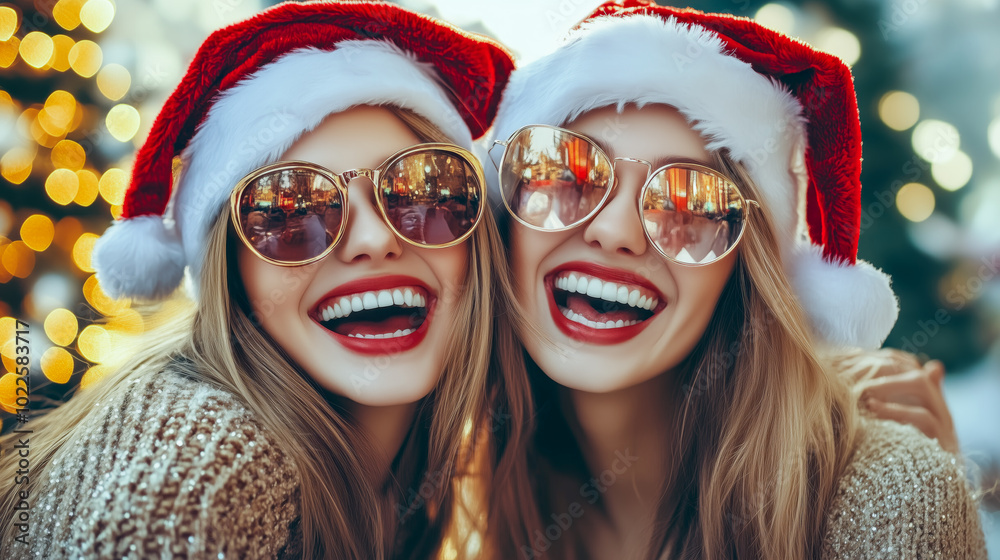 Two women in Santa hats share laughter amid festive lights and holiday cheer. Two women in Santa hats share laughter amid festive lights and holiday cheer.