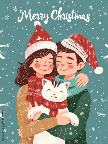 Cartoon Couple with Persian Cat in a Serene Snowy Christmas Landscape.