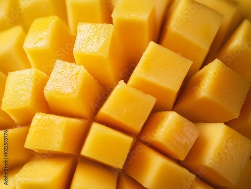 A close-up of a mango cut into cubes, showing its juicy, vibrant yellow interior