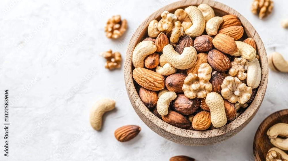 A wooden bowl filled with assorted nuts, including almonds, cashews, and walnuts. A wooden bowl filled with assorted nuts, including almonds, cashews, and walnuts.