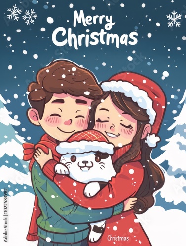 Cartoon Couple with Persian Cat in a Serene Snowy Christmas Landscape.