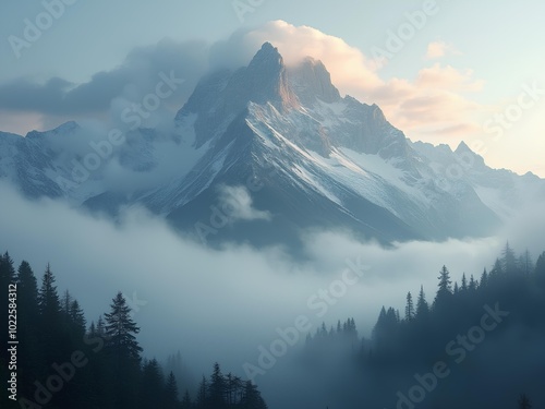 mountain range with clouds and fog, fog in nature, mountain view at sunset with clouds and fog