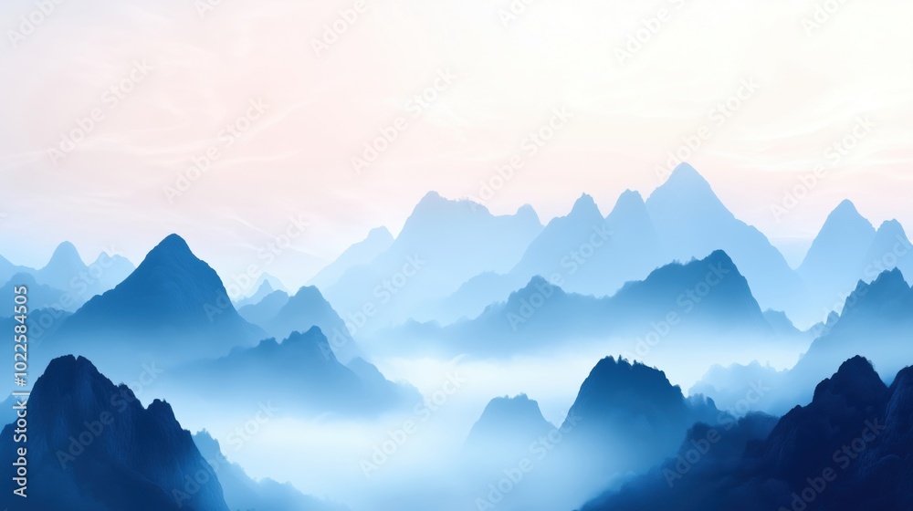 Mountain landscape with misty blue hues, serene atmosphere, soft light Mountain landscape with misty blue hues, serene atmosphere, soft light