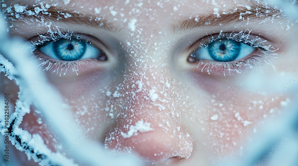 Blue eyes of a human close-up view, eyebrows and hairs of face frozen, cold freezing winter