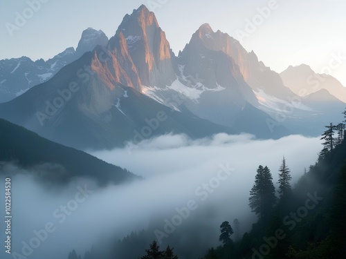 mountain range with clouds and fog, fog in nature, mountain view at sunset with clouds and fog