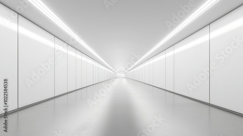 Futuristic 3D Abstract Space, A sleek, empty corridor with silver and black walls, illuminated by neon lights, representing advanced technology and modern design.