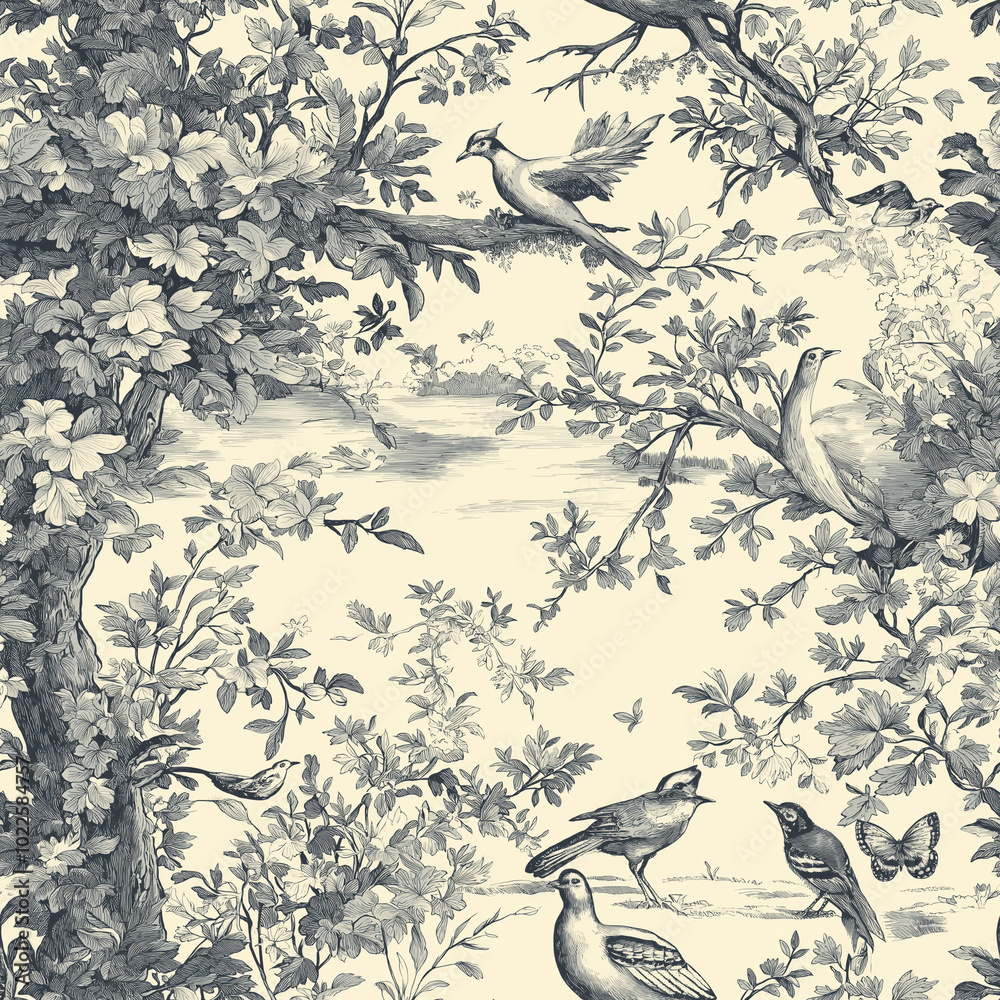 Obraz premium A Toile de Jouy seamless pattern with detailed scenes of shepherds tending to their flocks