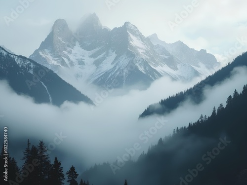 mountain range with clouds and fog, fog in nature, mountain view at sunset with clouds and fog