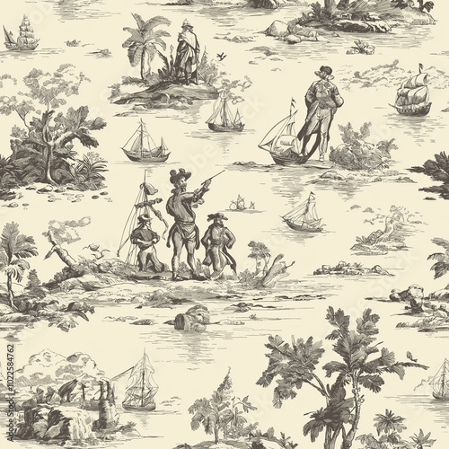 A Toile de Jouy seamless pattern with detailed depictions of explorers charting new lands  photo