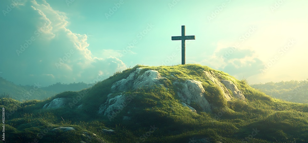 Naklejka premium A black cross stands tall on a grassy hilltop against a blue sky.