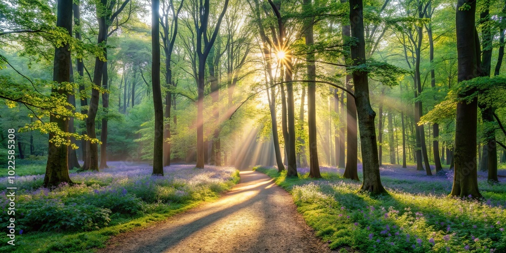 Fototapeta premium Sunlight Streaks Through a Canopy of Trees, Illuminating a Winding Path Through a Field of Delicate Blooms