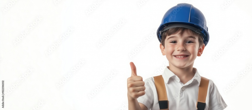 Child construction worker smiling with thumbs up, wearing blue helmet and white shirt Child construction worker smiling with thumbs up, wearing blue helmet and white shirt