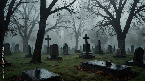 Misty Autumn Cemetery with Gravestones and Fallen Leaves – Gothic and Eerie Atmosphere photo