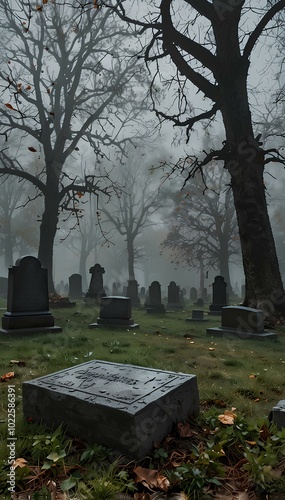 Misty Autumn Cemetery with Gravestones and Fallen Leaves – Gothic and Eerie Atmosphere