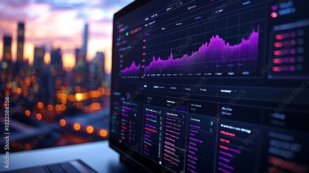 A computer screen displaying data analytics with a city skyline in the background.