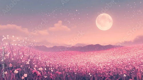 Open field fantasy landscape under the moonlight in a bright view, pink landscape of a plain with flowers and plants blossom
