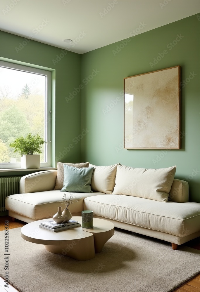 Fototapeta premium Contemporary Mid-Century Living Room: Limewash Green Walls, Curved Cream Sectional Sofa, and Artistic Stone Coffee Table Illuminated by Natural Light