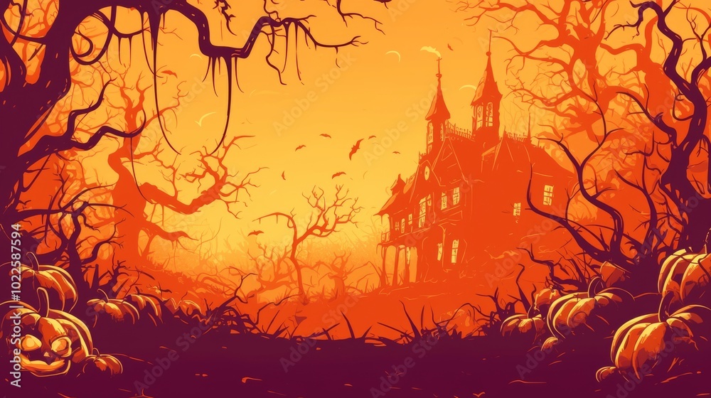 Halloween background featuring a simple vector graphic design with an orange color palette, showcasing the silhouettes of a haunted house and spooky trees for a festive atmosphere. Halloween background featuring a simple vector graphic design with an orange color palette, showcasing the silhouettes of a haunted house and spooky trees for a festive atmosphere.