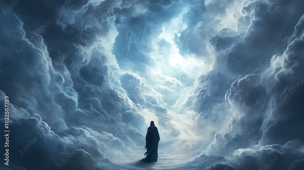 A holy man standing above the clouds in the shadows going through the clouds to the light in horizon A holy man standing above the clouds in the shadows going through the clouds to the light in horizon