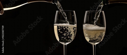 Champagne Pouring into Two Glasses with Black Background