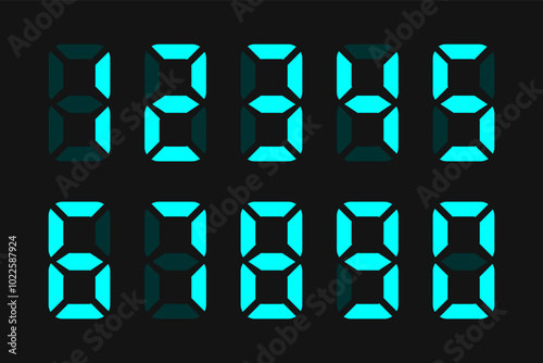  LED digital board Electronic style display information scoreboard with digits from 0 to 9, Signages,Information Panels, Sports, Games, Data Boards, Schedules. Zero to Nine Cyan clock numbers