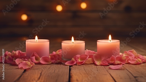 Three Burning Candles with Rose Petals