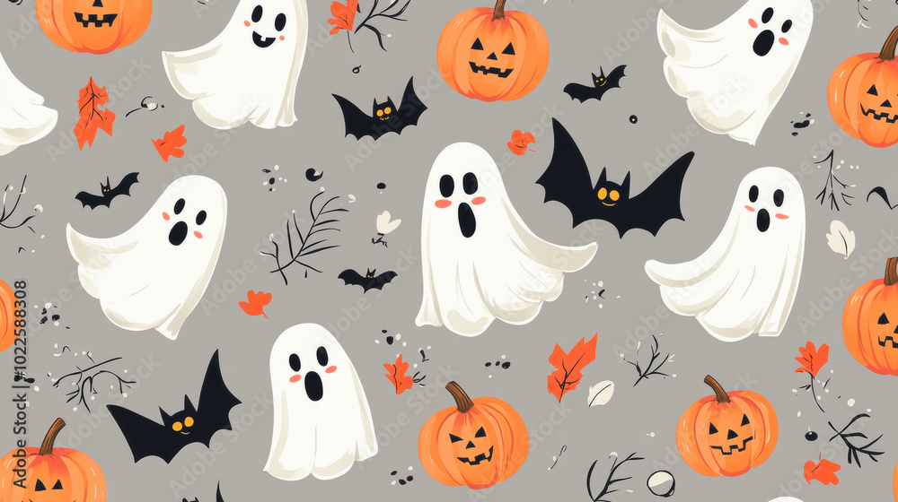 A fun Halloween pattern with ghosts, pumpkins, and bats on a gray background. Perfect for fabric, wrapping paper, or decorations. A fun Halloween pattern with ghosts, pumpkins, and bats on a gray background. Perfect for fabric, wrapping paper, or decorations.