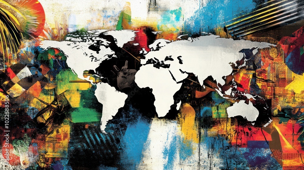 Naklejka premium A colorful artistic representation of a world map with vibrant abstract patterns.