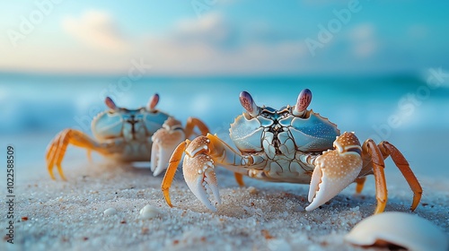 Two crabs walking on the beach at sunset