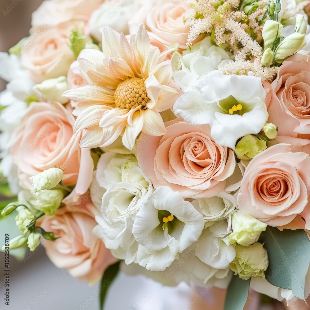 A close-up of a wedding bouquet, featuring soft pastel-colored flowers A close-up of a wedding bouquet, featuring soft pastel-colored flowers
