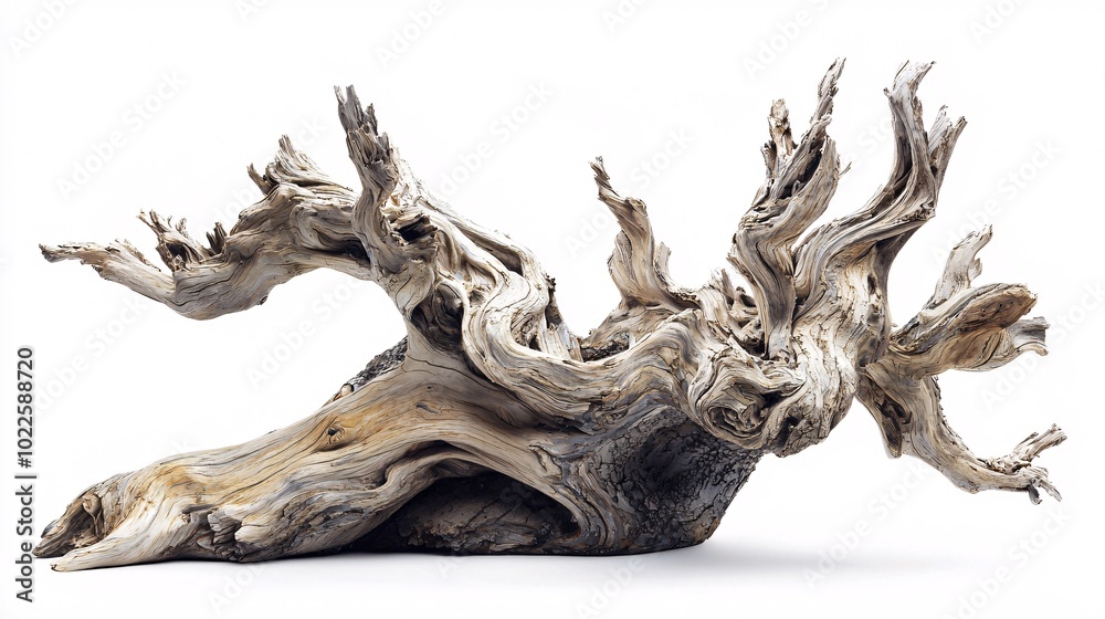 Fototapeta premium A masterfully crafted driftwood sculpture features detailed textures and forms, elegantly presented against a pristine white backdrop.