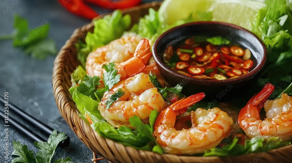Fresh Shrimp with Spicy Dipping Sauce and Greens Fresh Shrimp with Spicy Dipping Sauce and Greens