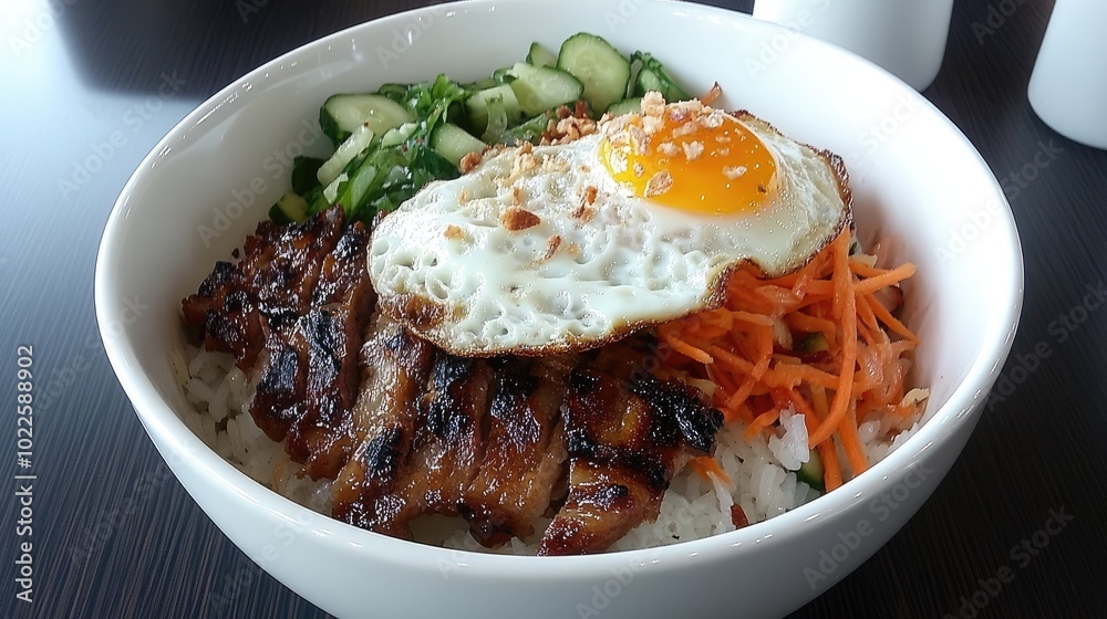 Delicious Grilled Chicken Rice Bowl with Egg and Vegetables Delicious Grilled Chicken Rice Bowl with Egg and Vegetables