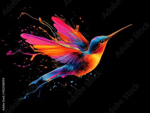 Colorful illustration of a hummingbird with combination of pink, orange and blue colors design, little bird flying over black screen background