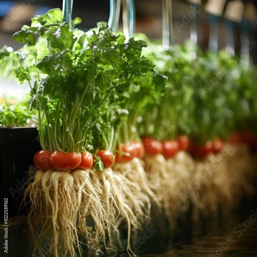 A close-up of aquaponically grown vegetables, their roots suspended in nutrient-rich water photo