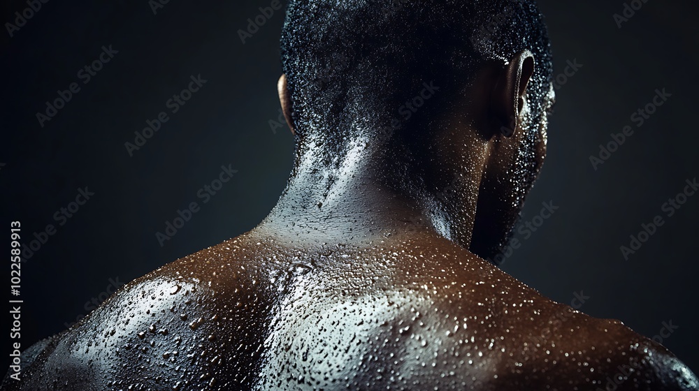 A man's back covered in sweat after a tough workout. A man's back covered in sweat after a tough workout.