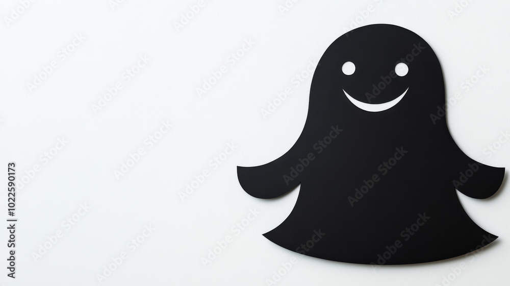 Happy Halloween! A friendly ghost with a big smile, made from black paper cutouts against a white background. Perfect for your spooky decorations. Happy Halloween! A friendly ghost with a big smile, made from black paper cutouts against a white background. Perfect for your spooky decorations.